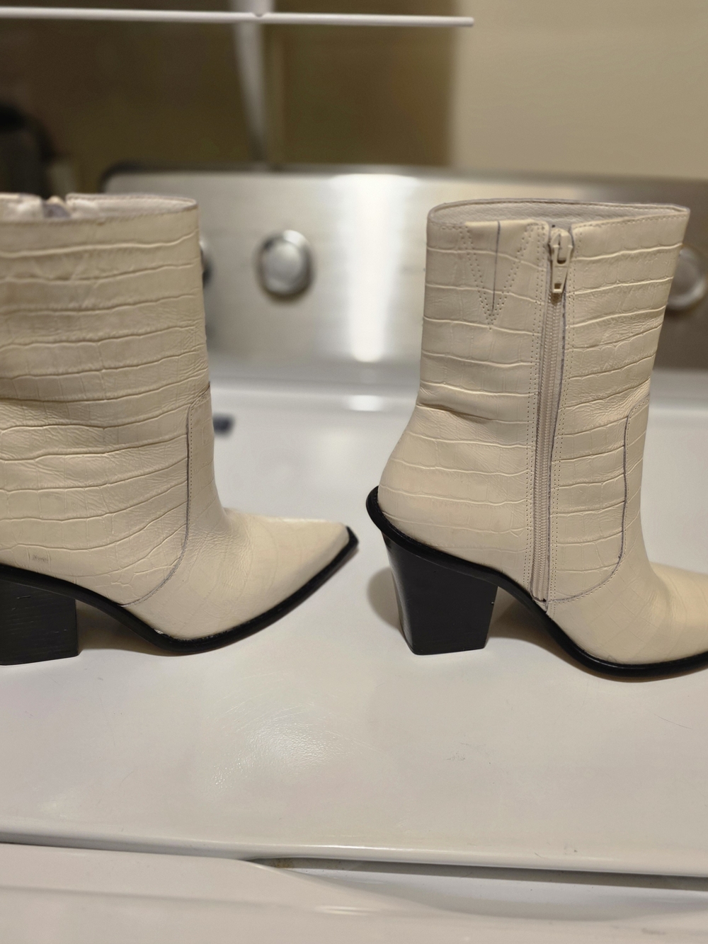 Matisse Caty Cream Croc-Embossed Pointed Toe Ankle Booties - Picture 7 of 9